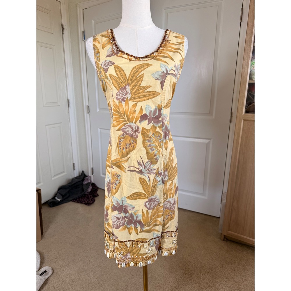 Tropical Floral Beaded Shell Cotton Sleeveless Shift Dress Yellow Tan